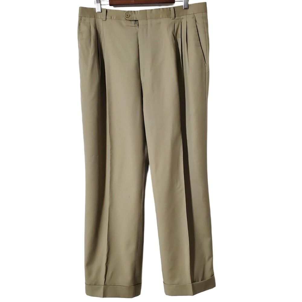 Hickey Freeman Dress Pants Beige Pleated Cuffed Trousers 36x28 Mens